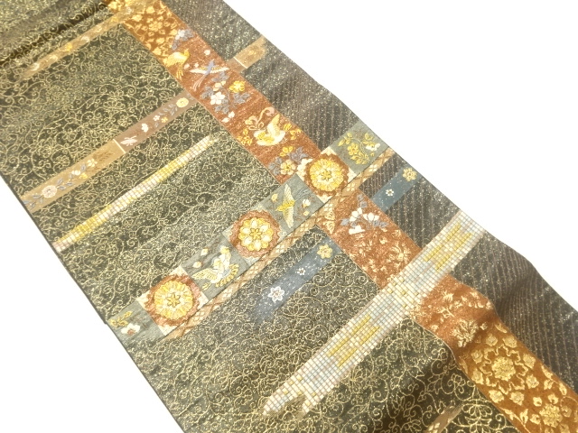 漆箔花鳥模様織出し袋帯